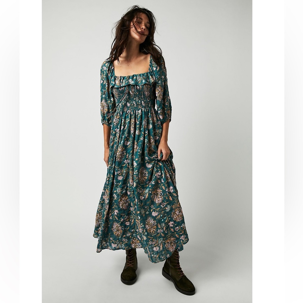 Free People Printed Oasis Shirred Smocked Square Neck Midi Dress